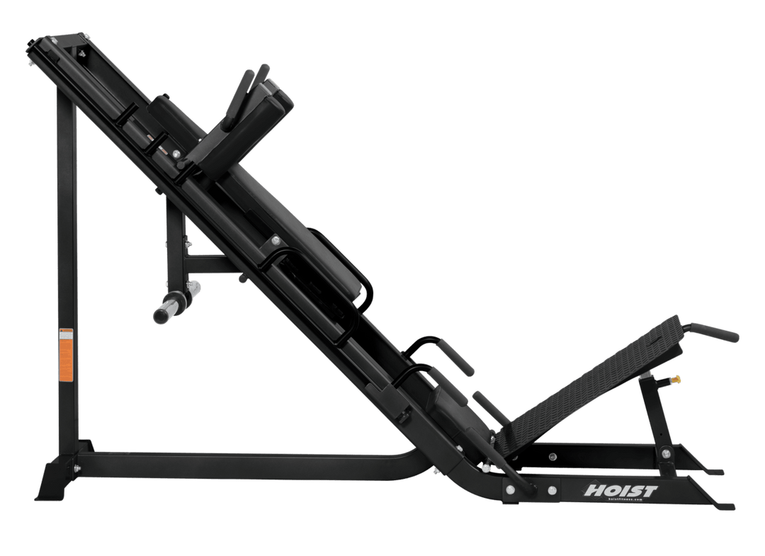 Leg press hack combo side profile showing adjustable carriage and footplate for versatile leg workouts