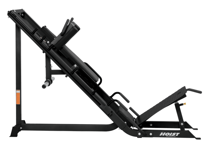 Leg press hack combo side profile showing adjustable carriage and footplate for versatile leg workouts