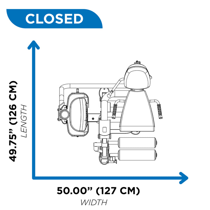 overhead diagram showing closed footprint of leg press machine at 49.75 inch length and 50.00 inch width