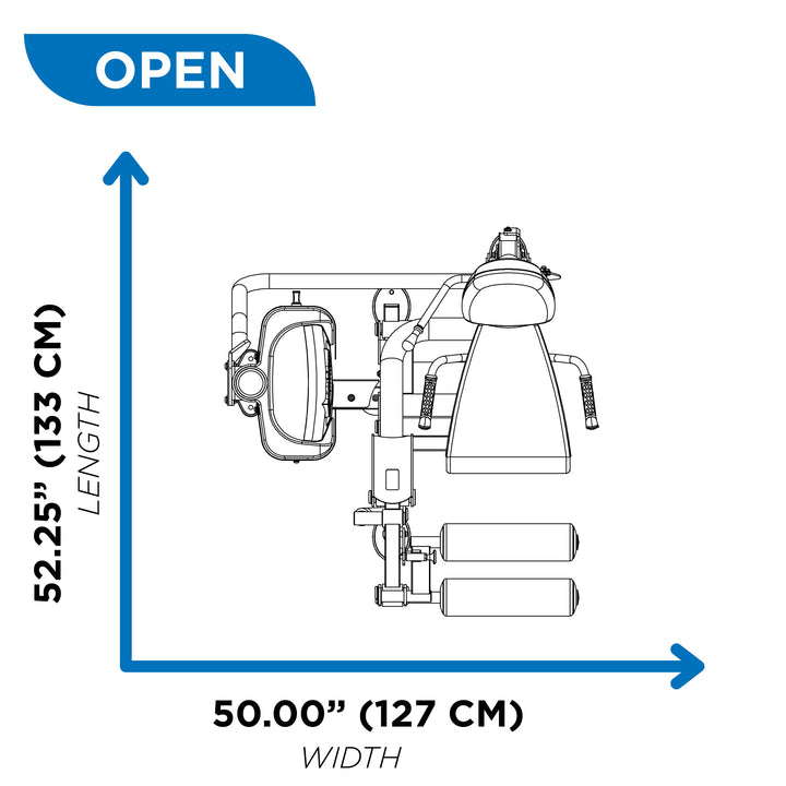 overhead diagram showing open footprint of leg press machine at 52.25 inch length and 50.00 inch width