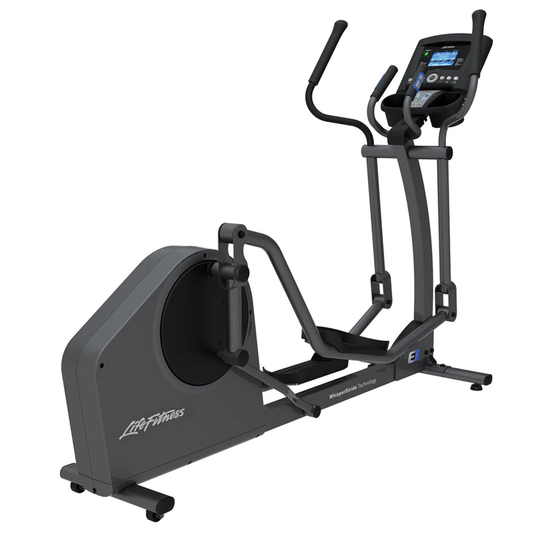 Life Fitness E1 elliptical cross trainer shown in angled front view highlighting compact design whisperstride technology and go console display for home workouts