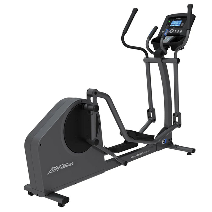 Life Fitness E1 elliptical cross trainer shown in angled front view highlighting compact design whisperstride technology and go console display for home workouts