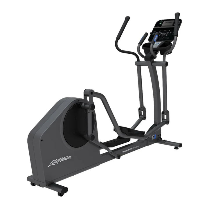 Life Fitness E1 elliptical cross trainer with Track Connect console shown in angled view highlighting compact design and connected workout features for home use