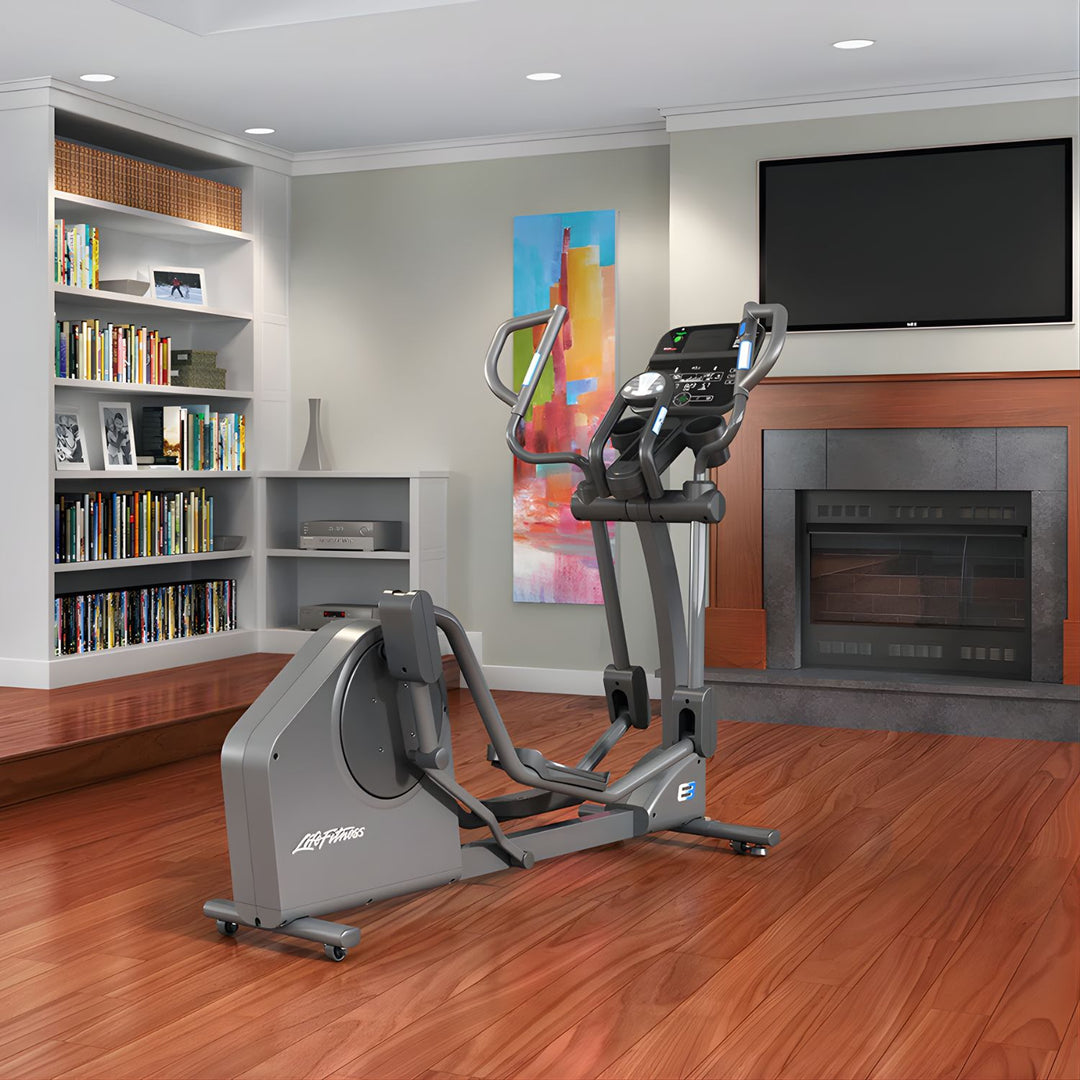 Life Fitness E3 elliptical cross trainer with Track Connect console in modern home setting showing smooth stride design and connected workout features for low impact cardio