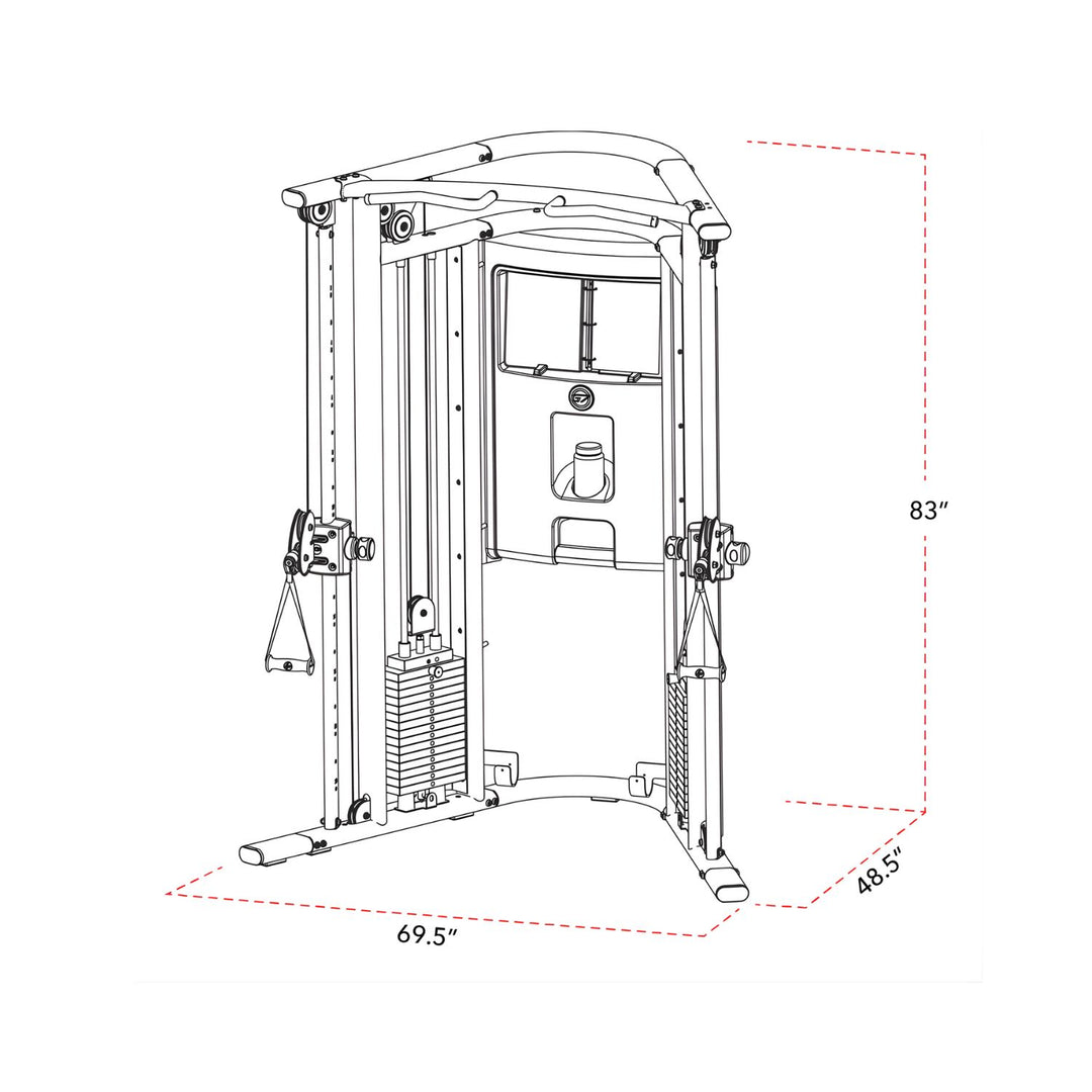 Life Fitness G7 home gym dimensions diagram showing width, depth, and height measurements for home setup
