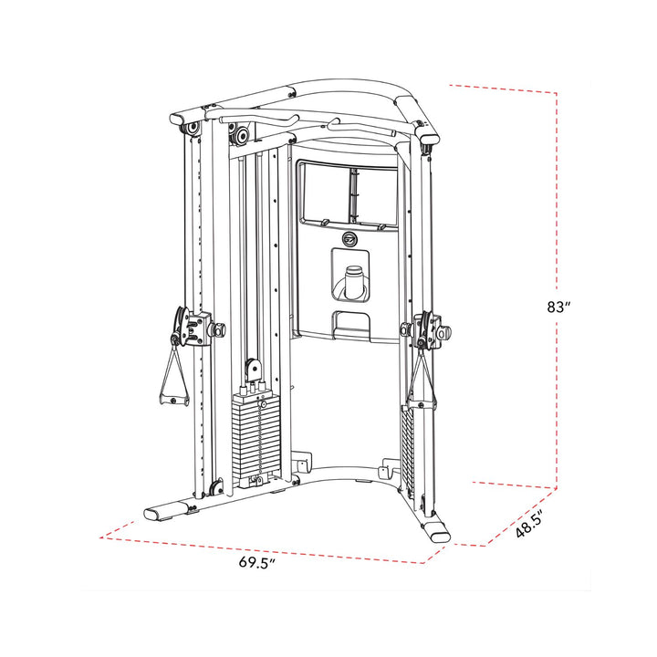 Life Fitness G7 home gym dimensions diagram showing width, depth, and height measurements for home setup