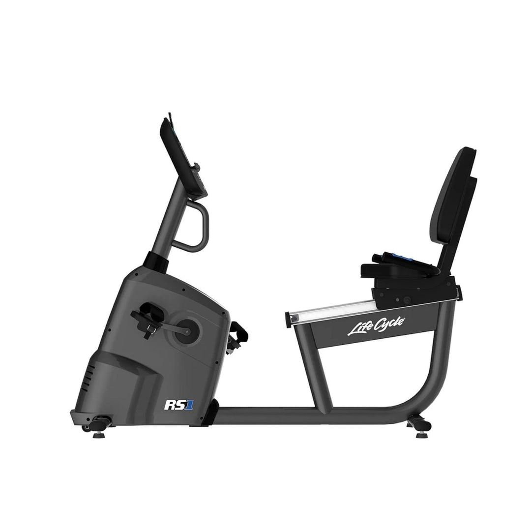 Life Fitness RS1 recumbent exercise bike shown in full side profile highlighting compact frame design and adjustable seat for home workouts