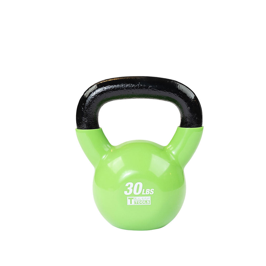 Light green 30 lb kettlebell with black handle
