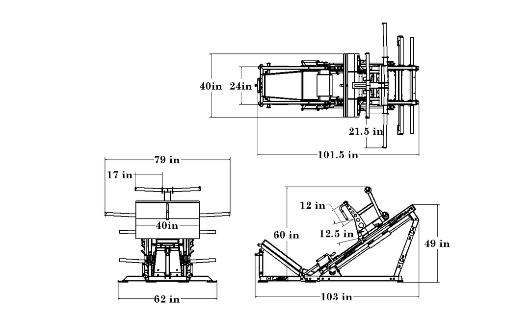 Dimension drawing of the Defiant Strength 35-degree linear leg press showing overall measurements.