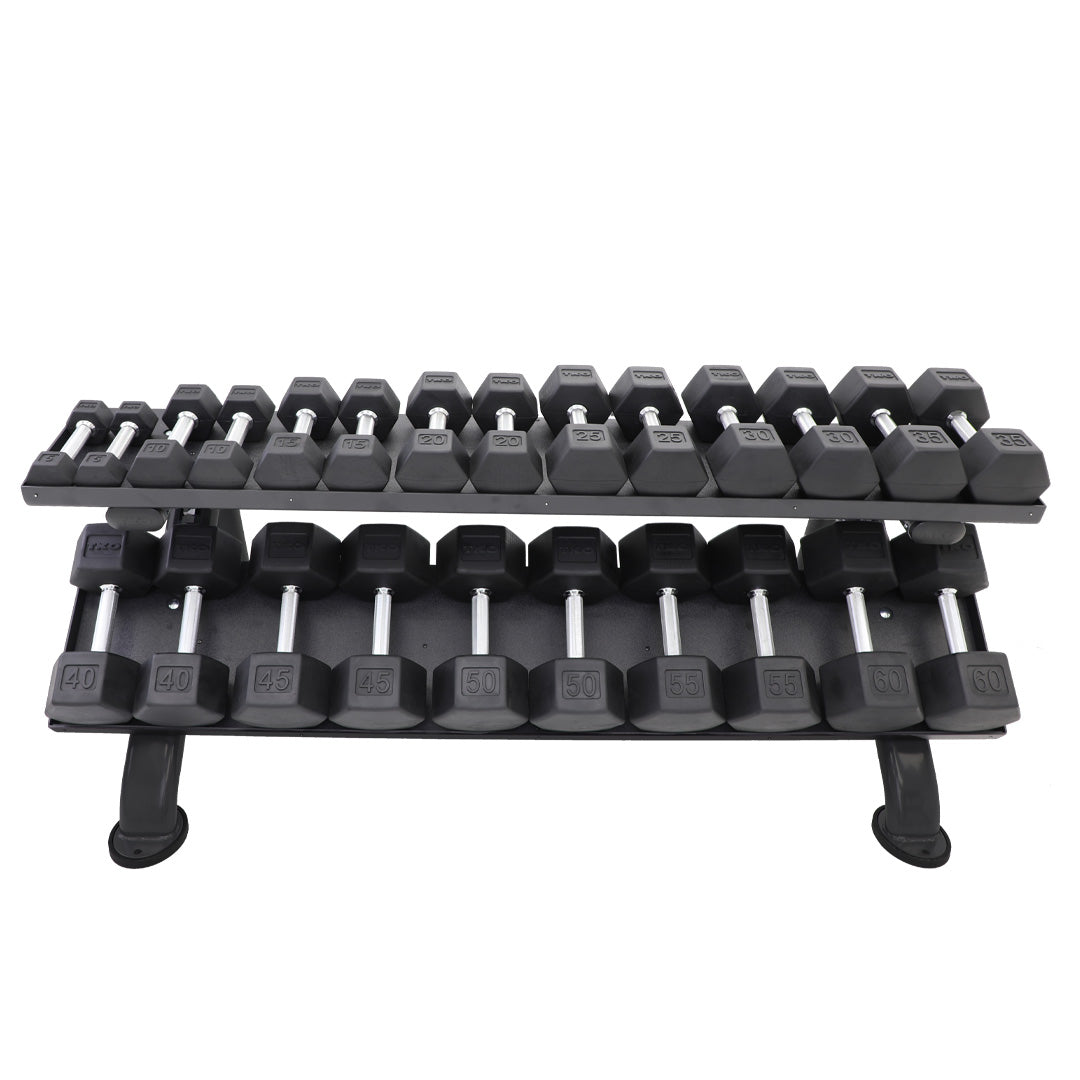 2-tier dumbbell rack holding multiple pairs of dumbbells
