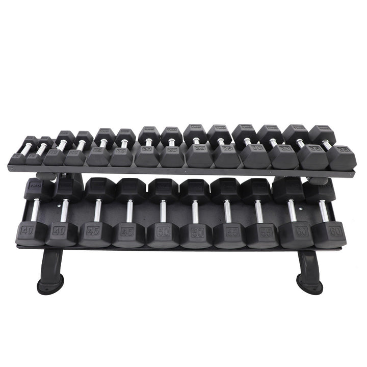 2-tier dumbbell rack holding multiple pairs of dumbbells