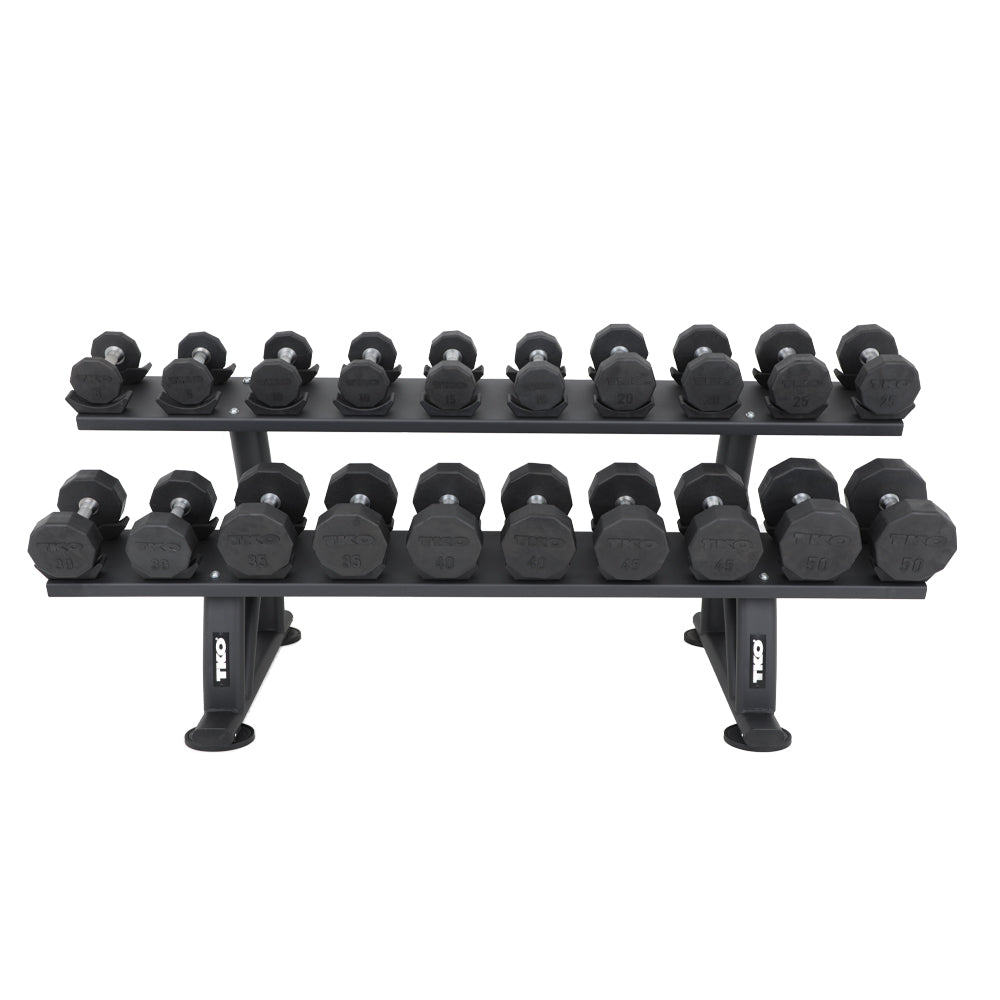 Commercial dumbbell rack holding multiple pairs of dumbbells