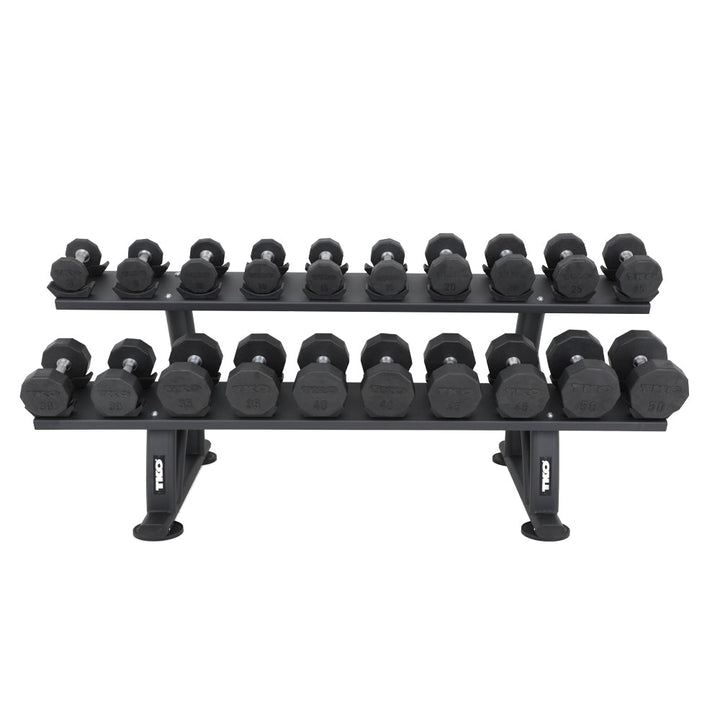 Commercial dumbbell rack holding multiple pairs of dumbbells