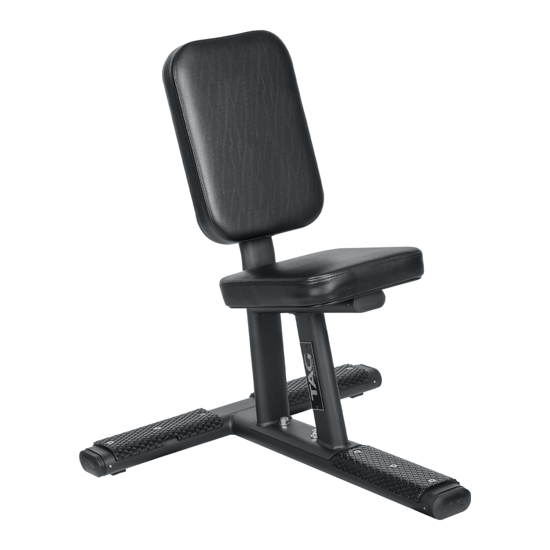 Black low-profile seated training bench with padded seat, 12-inch-wide back pad and stable base frame
