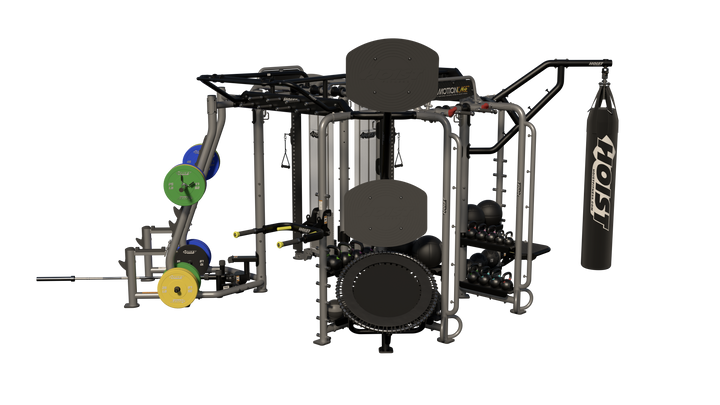 Hoist Motion Cage Package 5 with heavy bag station, storage attachments, and multi-user functional training configuration