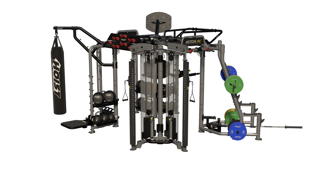 Hoist Motion Cage Package 5 with heavy bag station, storage attachments, and multi-user functional training configuration