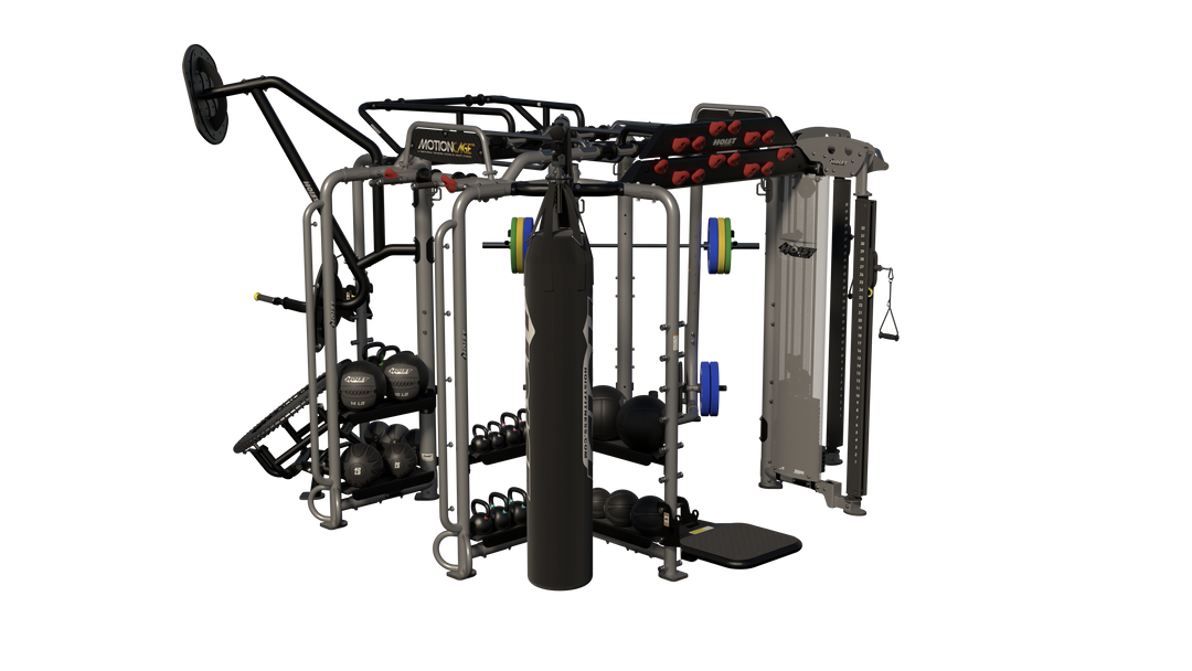 Hoist Motion Cage Package 5 with heavy bag station, storage attachments, and multi-user functional training configuration