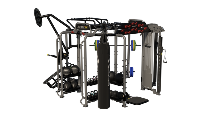 Hoist Motion Cage Package 5 with heavy bag station, storage attachments, and multi-user functional training configuration