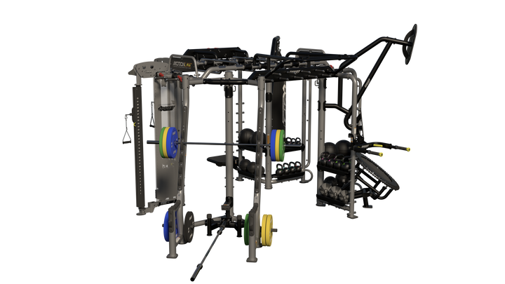 Hoist Motion Cage Package 5 with heavy bag station, storage attachments, and multi-user functional training configuration