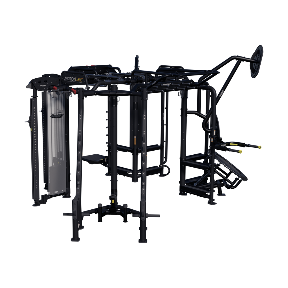 Hoist Motion Cage Package 5 with heavy bag station, storage attachments, and multi-user functional training configuration