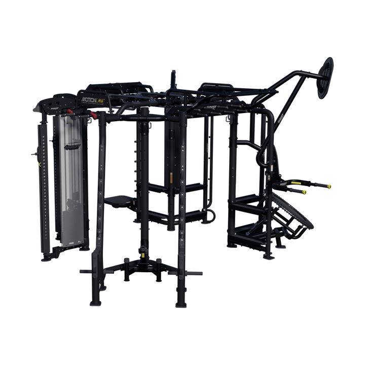 Hoist Motion Cage Package 5 with heavy bag station, storage attachments, and multi-user functional training configuration