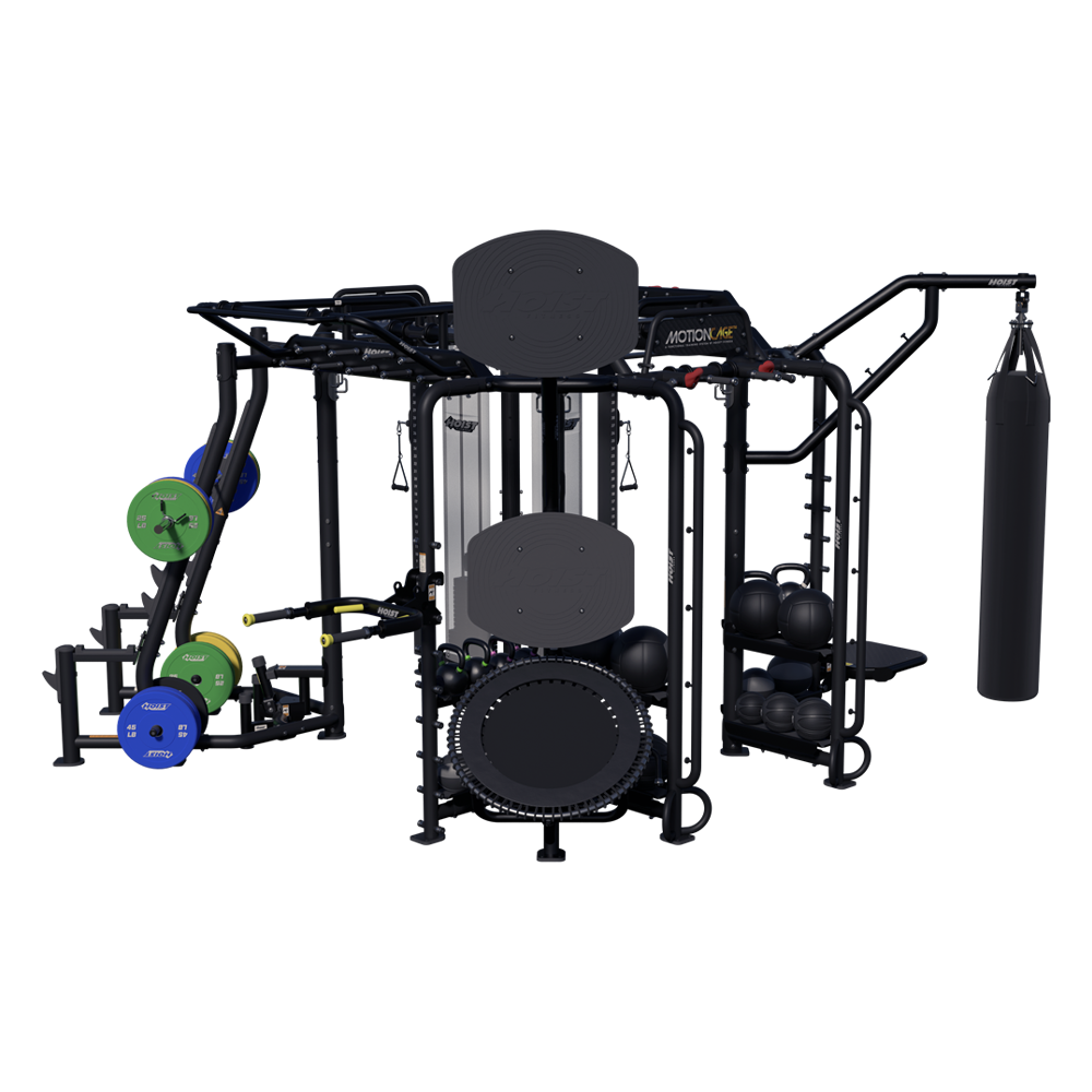 Hoist Motion Cage Package 5 with heavy bag station, storage attachments, and multi-user functional training configuration