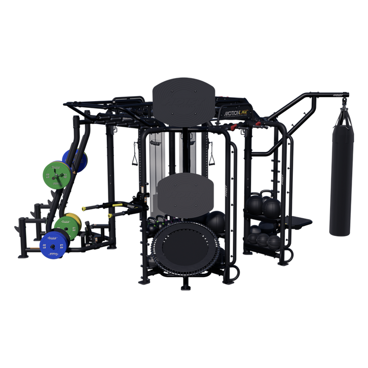 Hoist Motion Cage Package 5 with heavy bag station, storage attachments, and multi-user functional training configuration