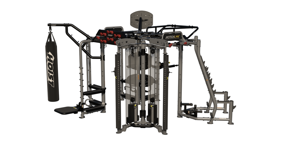 Hoist Motion Cage Package 5 with heavy bag station, storage attachments, and multi-user functional training configuration