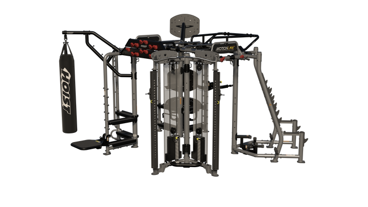 Hoist Motion Cage Package 5 with heavy bag station, storage attachments, and multi-user functional training configuration