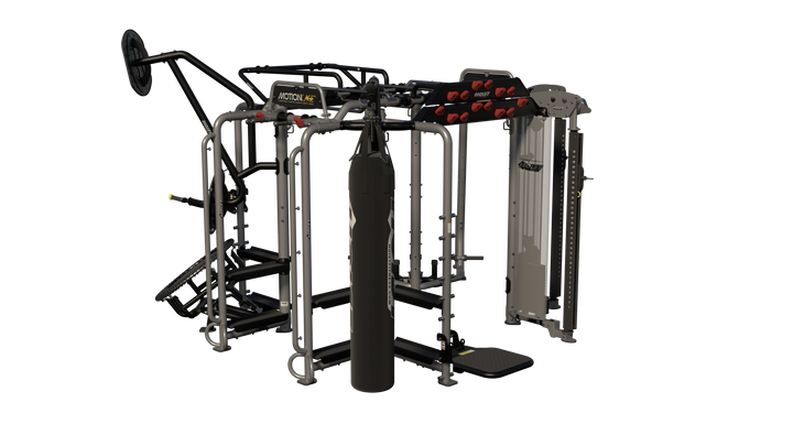 Hoist Motion Cage Package 5 with heavy bag station, storage attachments, and multi-user functional training configuration