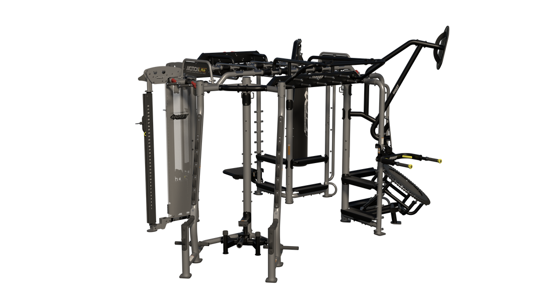 Hoist Motion Cage Package 5 with heavy bag station, storage attachments, and multi-user functional training configuration