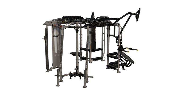 Hoist Motion Cage Package 5 with heavy bag station, storage attachments, and multi-user functional training configuration
