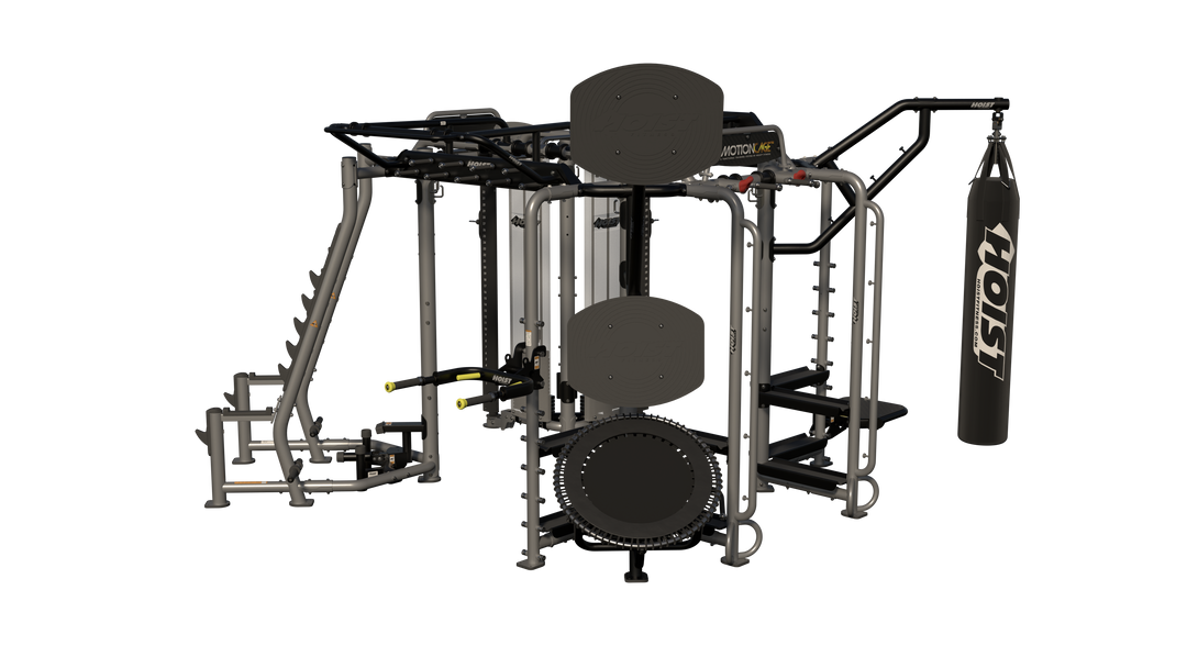 Hoist Motion Cage Package 5 with heavy bag station, storage attachments, and multi-user functional training configuration