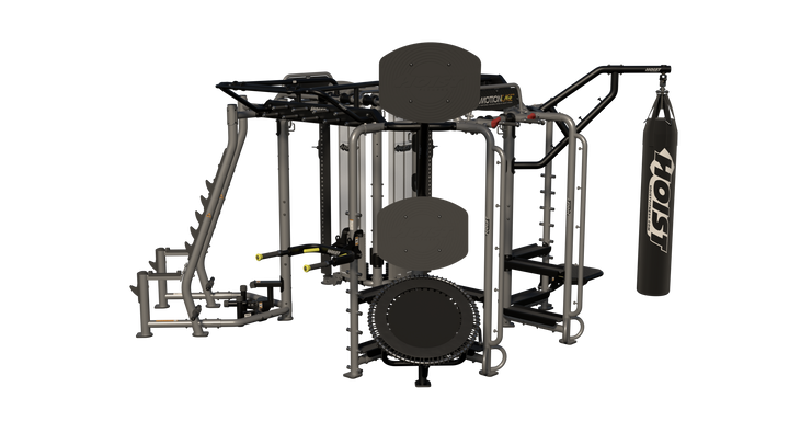 Hoist Motion Cage Package 5 with heavy bag station, storage attachments, and multi-user functional training configuration