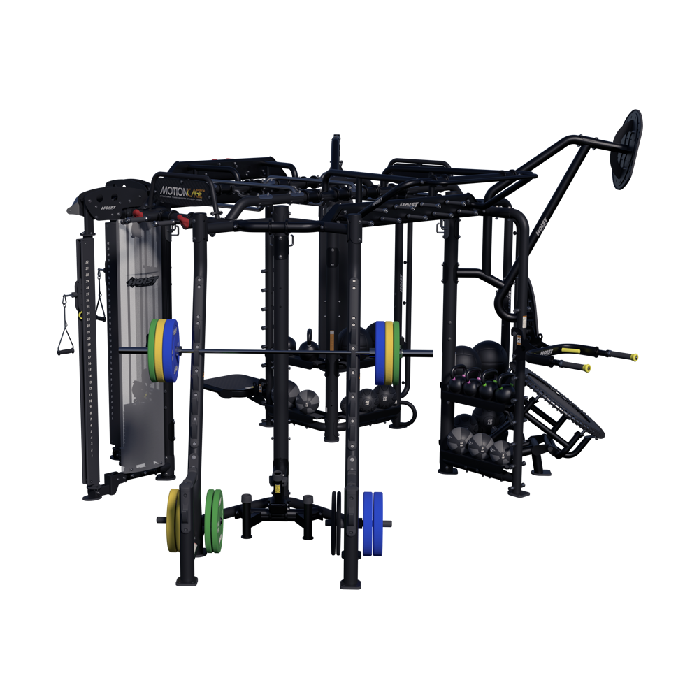 Hoist Motion Cage Package 5 with heavy bag station, storage attachments, and multi-user functional training configuration