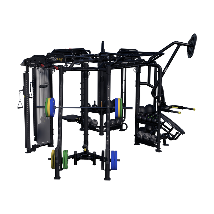 Hoist Motion Cage Package 5 with heavy bag station, storage attachments, and multi-user functional training configuration