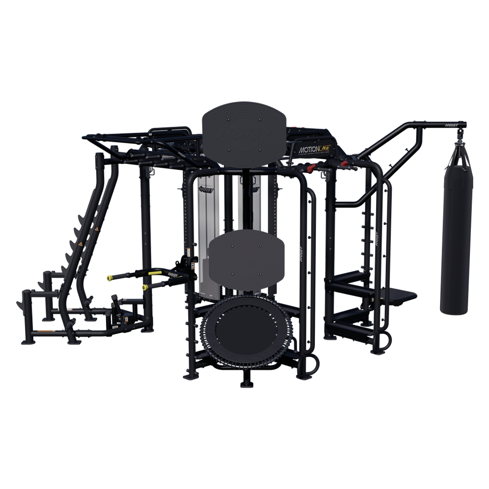Hoist Motion Cage Package 5 with heavy bag station, storage attachments, and multi-user functional training configuration