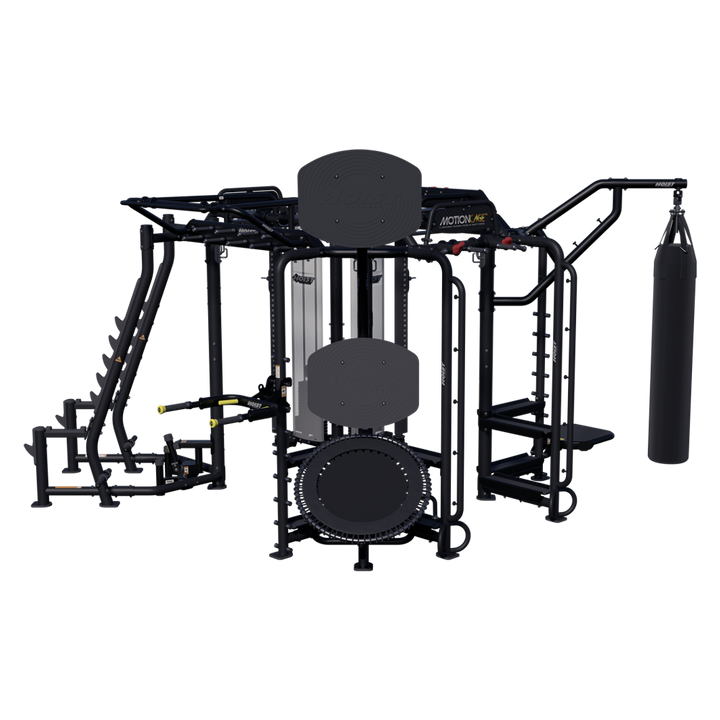 Hoist Motion Cage Package 5 with heavy bag station, storage attachments, and multi-user functional training configuration