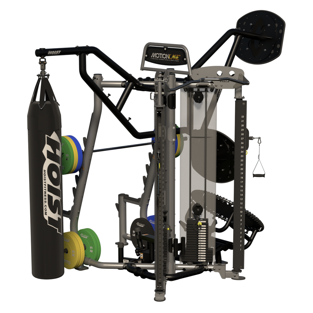 rear angled view of Motion Cage Studio Package 5 showcasing compact commercial training and accessory organization