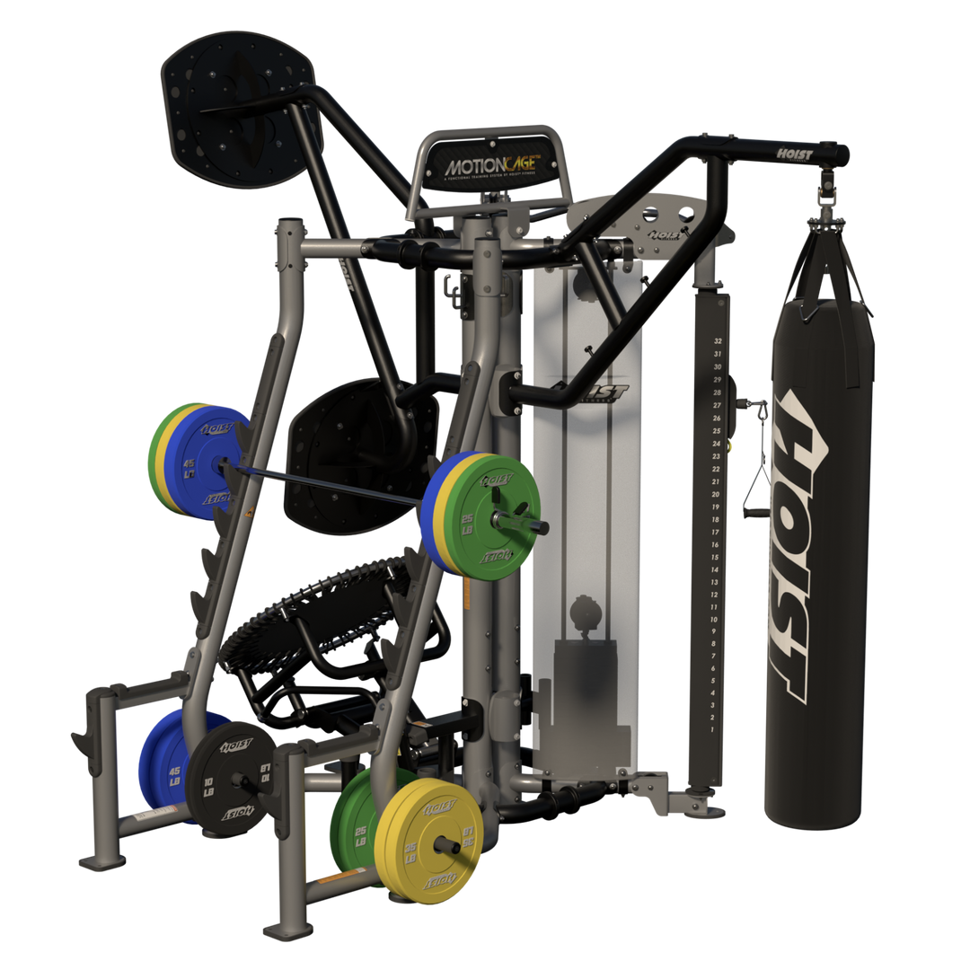 rear angled view of Motion Cage Studio Package 5 showcasing compact commercial training and accessory organization