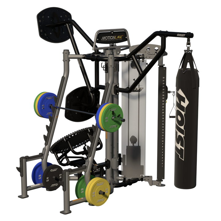 rear angled view of Motion Cage Studio Package 5 showcasing compact commercial training and accessory organization