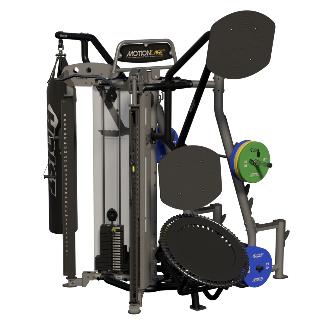 rear angled view of Motion Cage Studio Package 5 showcasing compact commercial training and accessory organization
