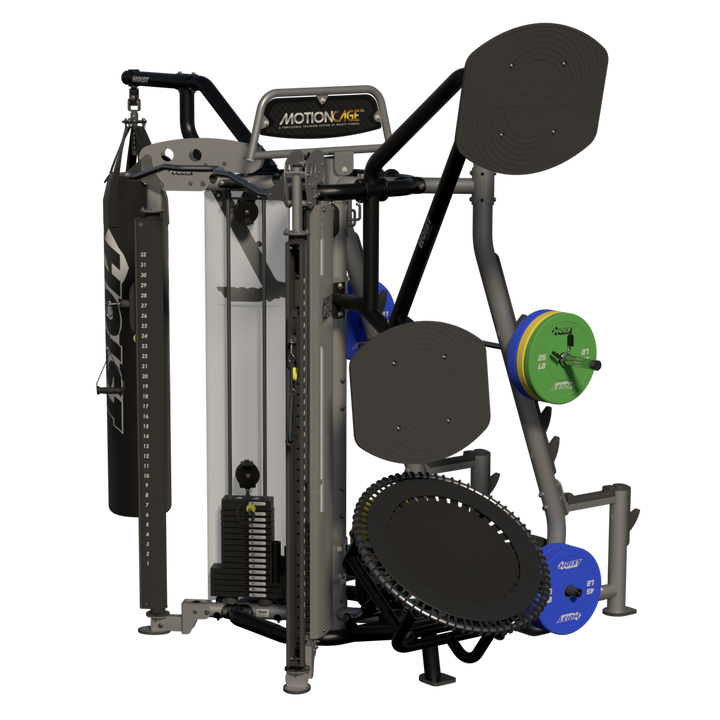 rear angled view of Motion Cage Studio Package 5 showcasing compact commercial training and accessory organization