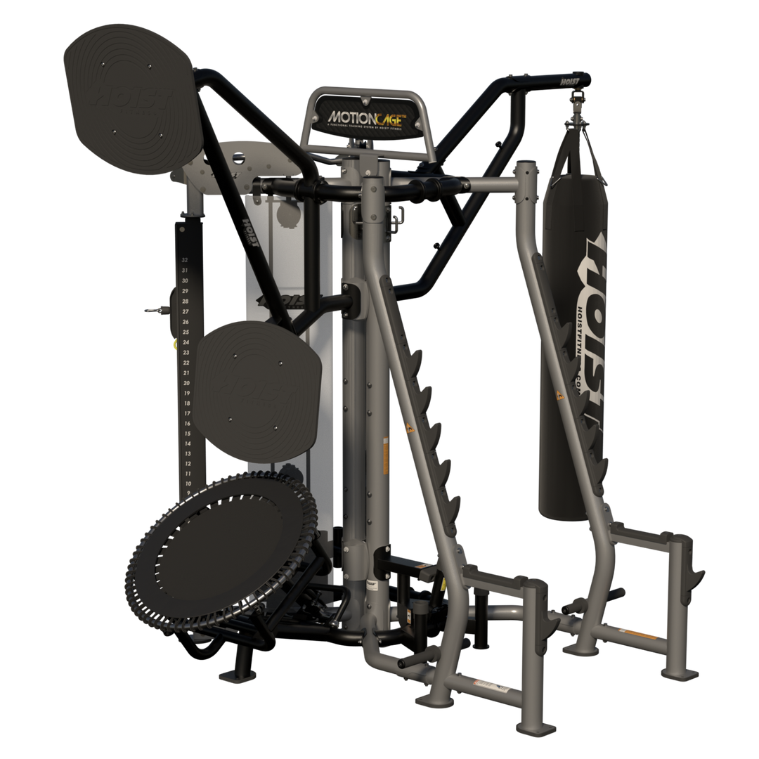 rear angled view of Motion Cage Studio Package 5 showcasing compact commercial training and accessory organization