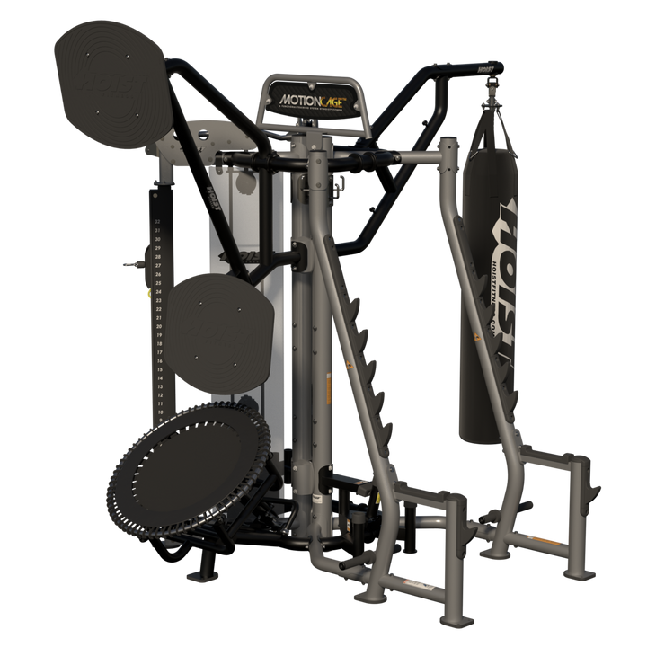 rear angled view of Motion Cage Studio Package 5 showcasing compact commercial training and accessory organization