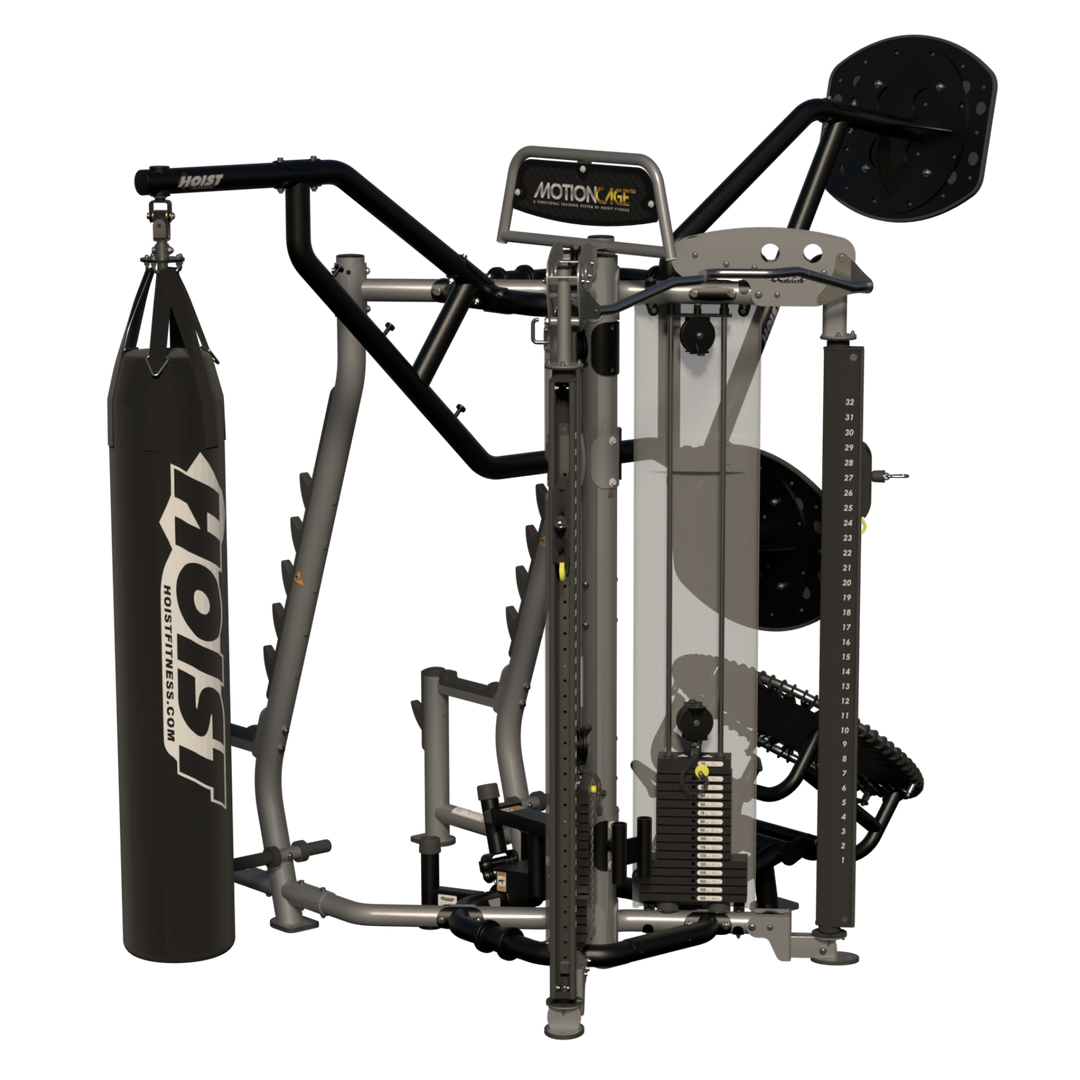 rear angled view of Motion Cage Studio Package 5 showcasing compact commercial training and accessory organization