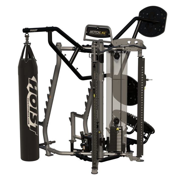 rear angled view of Motion Cage Studio Package 5 showcasing compact commercial training and accessory organization