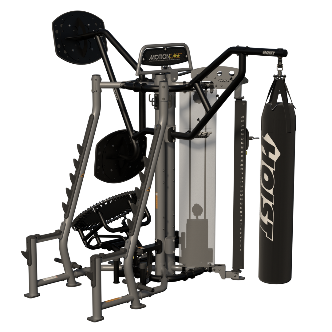 rear angled view of Motion Cage Studio Package 5 showcasing compact commercial training and accessory organization