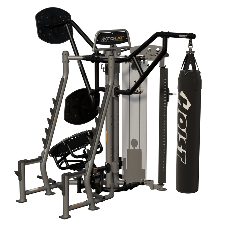 rear angled view of Motion Cage Studio Package 5 showcasing compact commercial training and accessory organization