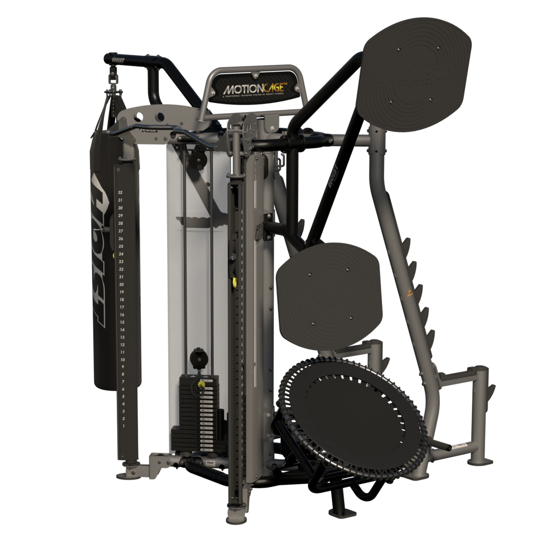 rear angled view of Motion Cage Studio Package 5 showcasing compact commercial training and accessory organization